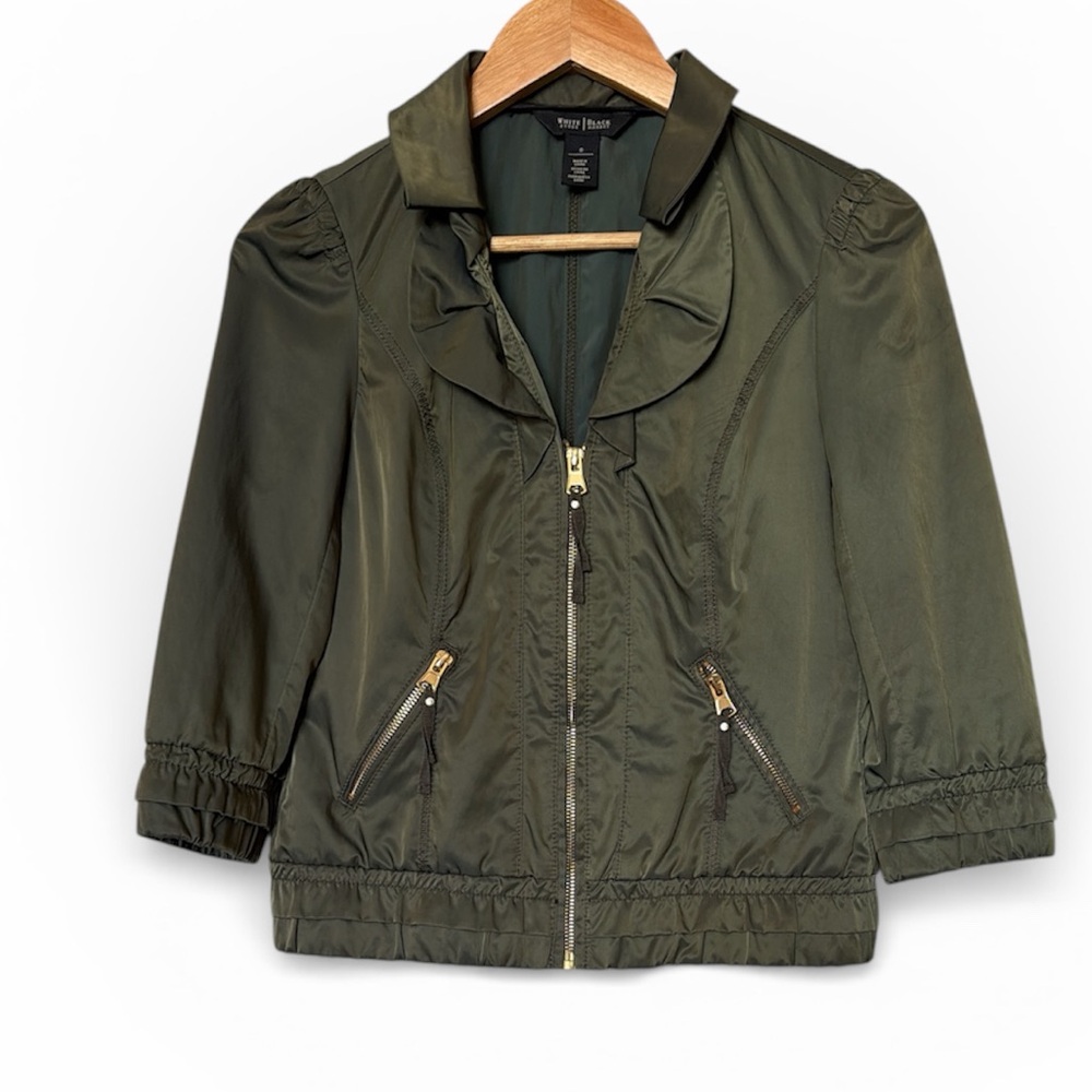 WHITE HOUSE BLACK MARKET ARMY GREEN SATIN cropped JACKET SIZE 0